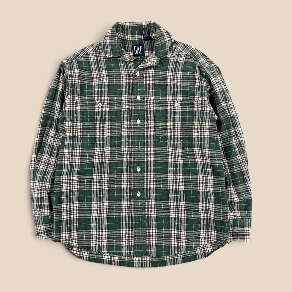 Vintage 90s GAP Mens Green Plaid Two Pocket Cotton Flannel Shirt Size M